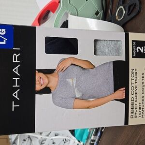 Tahari Size L Grey and Navy 2 Pack of Ribbed Cotton T-Shirts